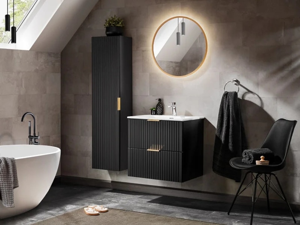 image 1 of Bathroom 800mm Vanity Set Ribbed Textured Black Modern Wall Hung Floating Cabinets Sink - Adel