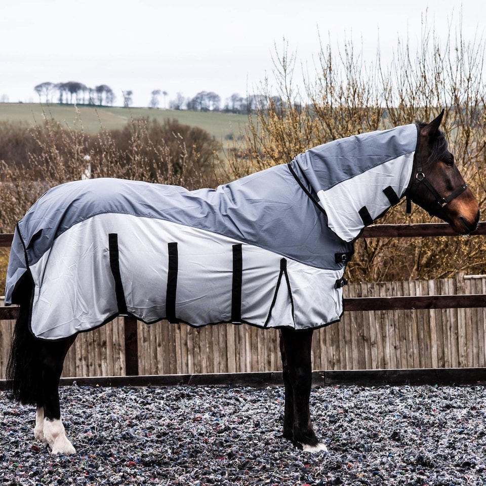 image 1 of eQuitack 600D 2 in 1 Waterproof Fly Turnout Mesh Horse Rug Fixed Neck Grey/Silver 5'9''
