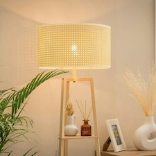 ValueLights Natural Wooden 3 Tier Floor Standard Lamp with Storage Shelves- Wicker Rattan Shade + LED Bulb