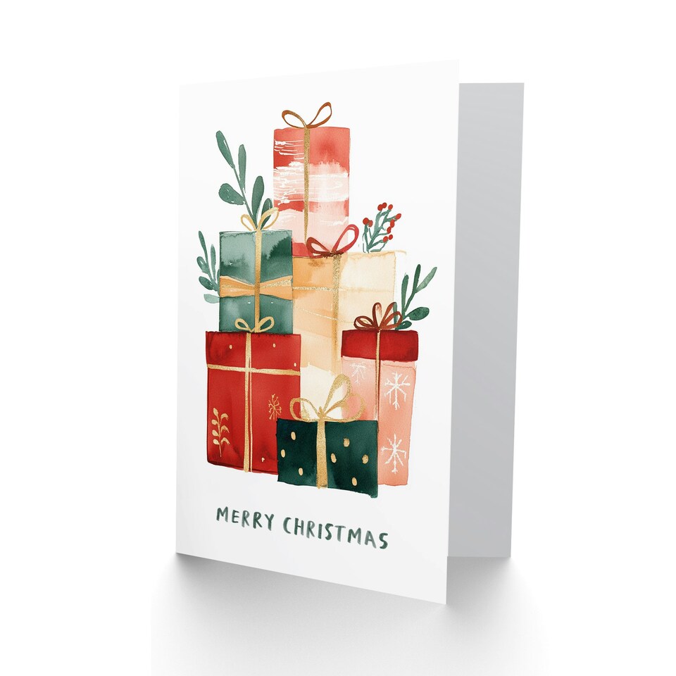 image 1 of Presents Gifts Stack Red Green Pink Blank For Him Or Her Art Xmas Festive Christmas Card