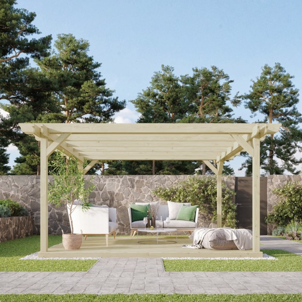 image 1 of Double Garden Pergola and Decking Kit - Wood - L240 x W240 cm - Light Green