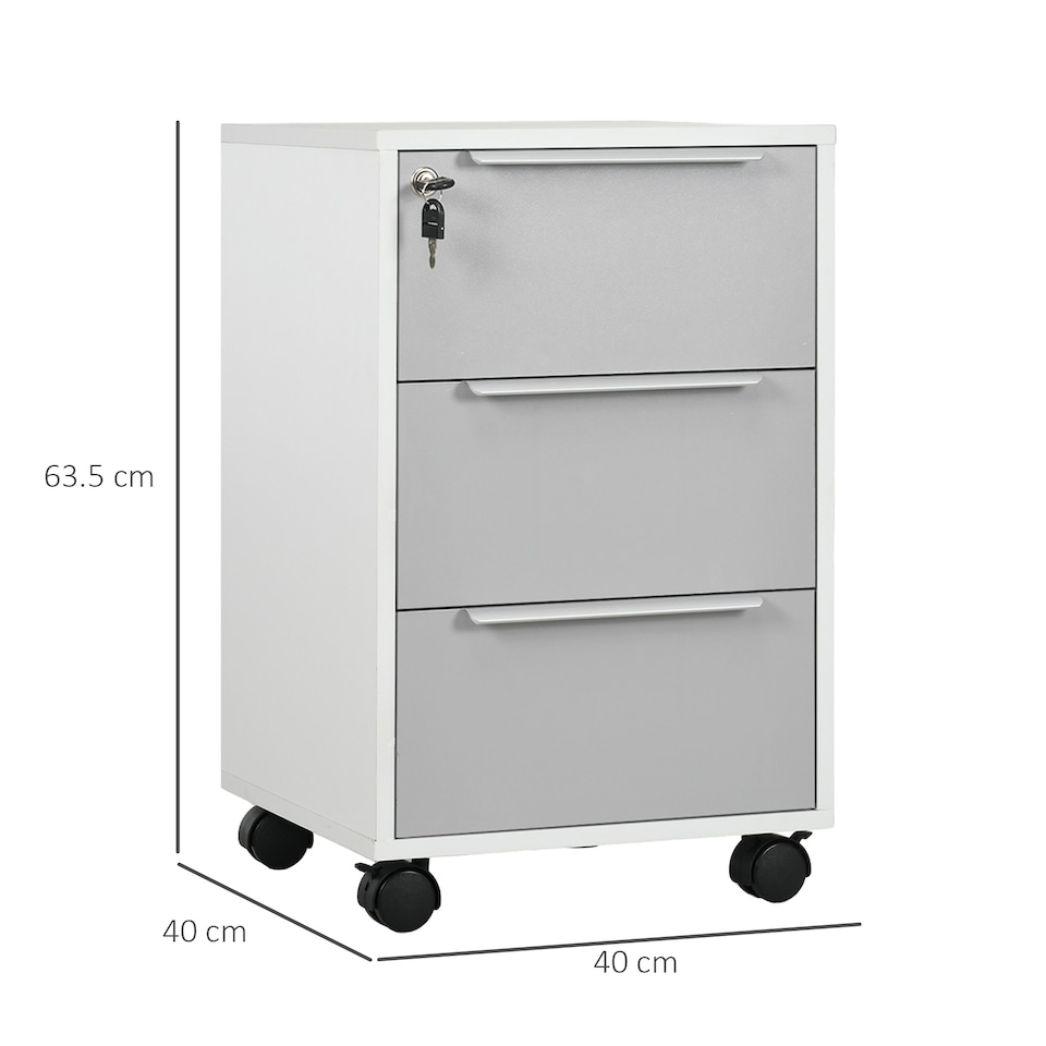 image 1 of HOMCOM 3-Drawer Lockable Filing Cabinet, File Cabinet on Wheels, Mobile Office Storage Drawers for Home Office, Bedroom and Living Room, White and Grey | White | White and Grey