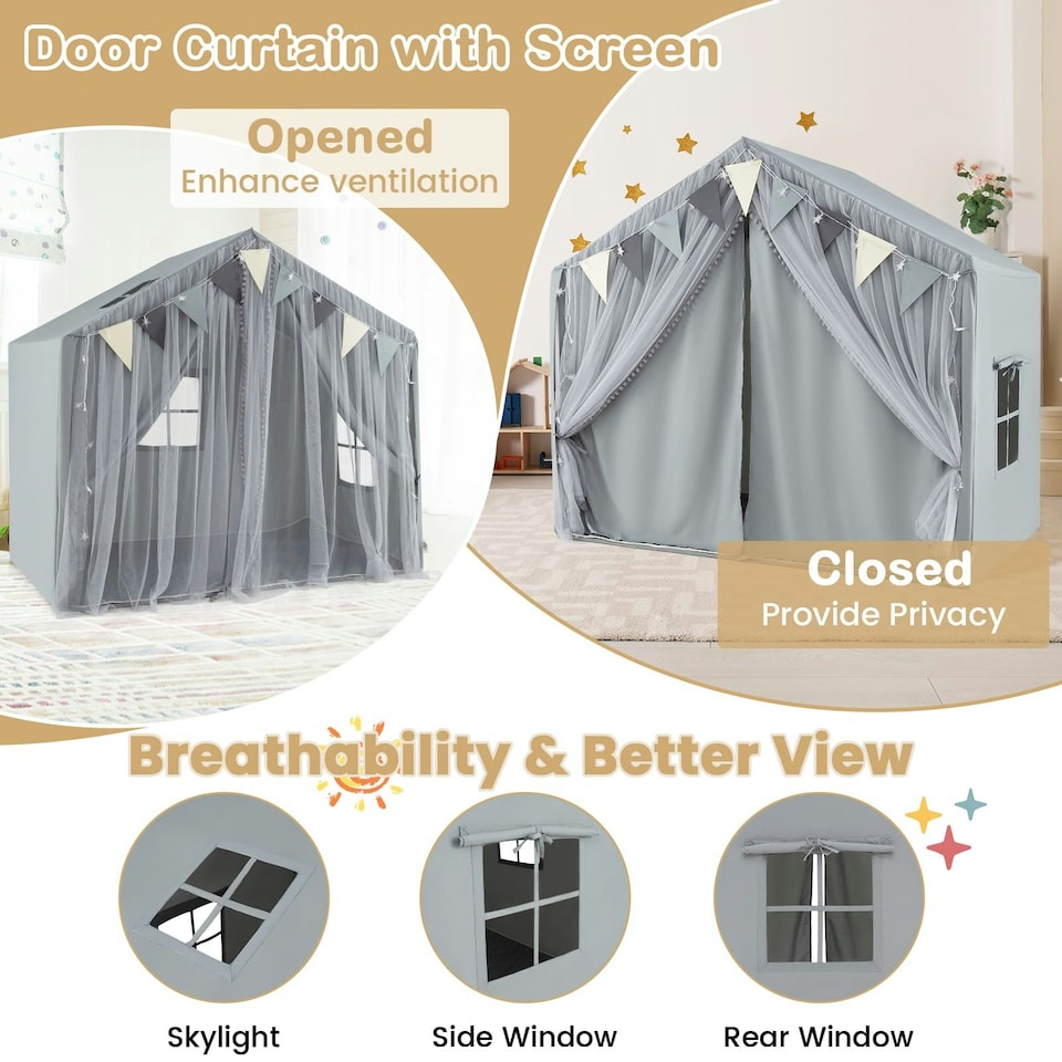 image 1 of COSTWAY Kids Play Tent 3-4 Kids Large Play Tent House Grey Grey