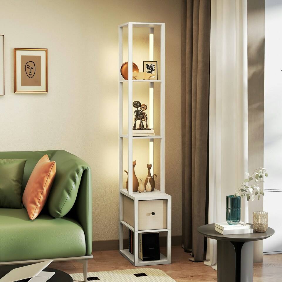 image 1 of HOMCOM Floor Lamp with Shelves, LED Standing Lamp with Fabric Drawer, White White