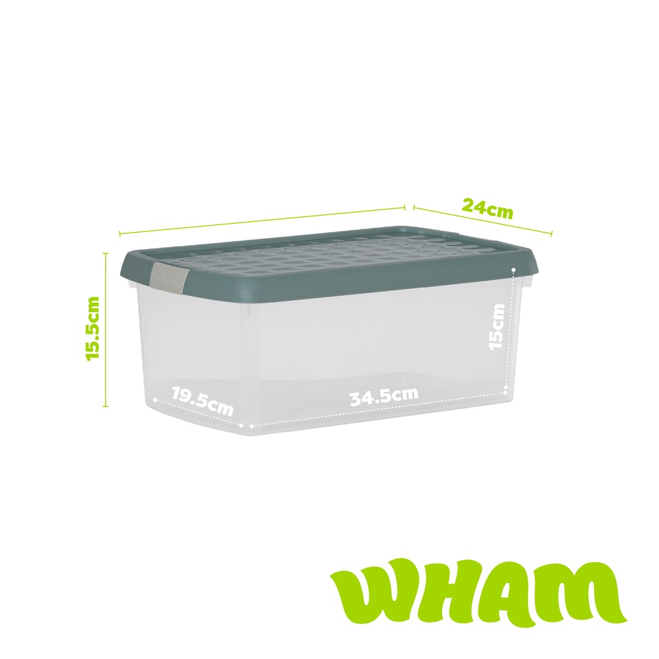 image 1 of Wham Clip 5x 10.5L Rectangular Plastic Storage Boxes with Clip Lock Lids. Ideal for Home, Office, Toys & More - Clear/Green Milieu | Green | Green Milleu | 5
