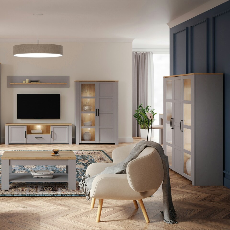 image 1 of Bohol 3 Door Large Display Cabinet in Riviera Oak/Grey Oak
