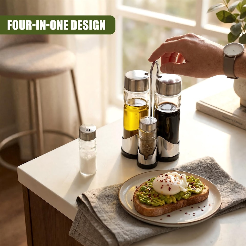 image 1 of GEEZY 4 Piece Glass Cruet Set and Condiment Dispenser With Stand 20.5cm