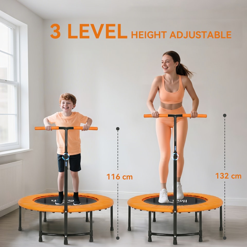 image 1 of HOMCOM 40" Mini Trampoline, Rebounder Jumper w/ Adjustable Handle, Orange | Orange | Orange