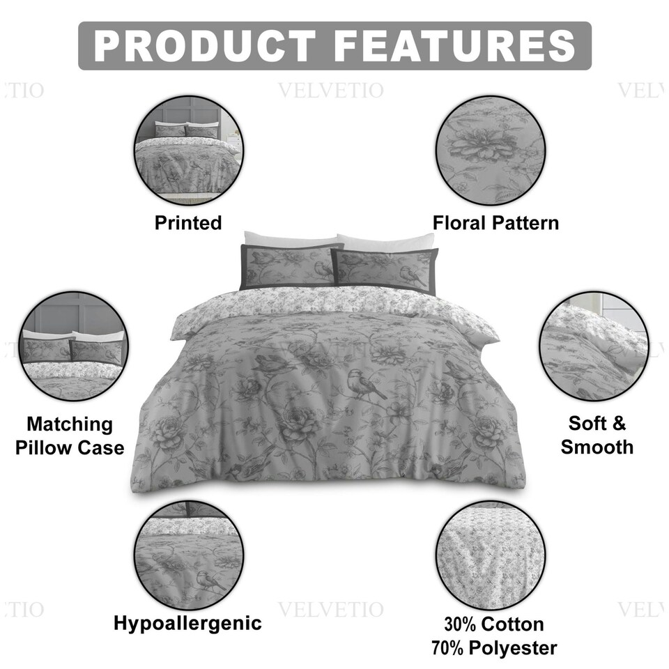 image 1 of VELVETIO Rosa Complete Duvet Cover Set with Fitted Sheet Soft Polycotton Bedding Sets Grey | King