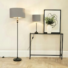 ValueLights Maggie Black Metal Candlestick Floor Lamp with Grey and Metallic Chrome Lamp Shade