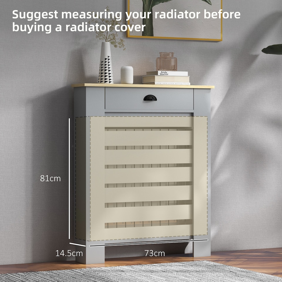 image 1 of HOMCOM Radiator Cover with Drawer, Horizontal Slatted Grill, Grey Painted MDF Wood Cabinet Shelf Heating Cover for Living Room Bedroom Hallway, Small