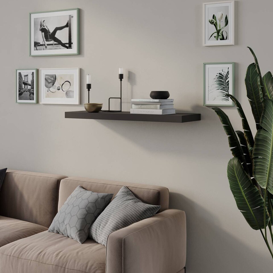 image 1 of Floating Wooden Wall Shelves - 80x23.5cm | Black | Black & Set of 1 | 1