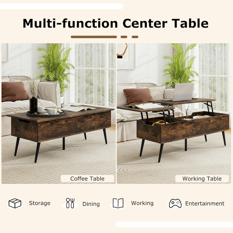 image 1 of COSTWAY Lift Top Coffee Table w/Storage Compartments Brown Brown