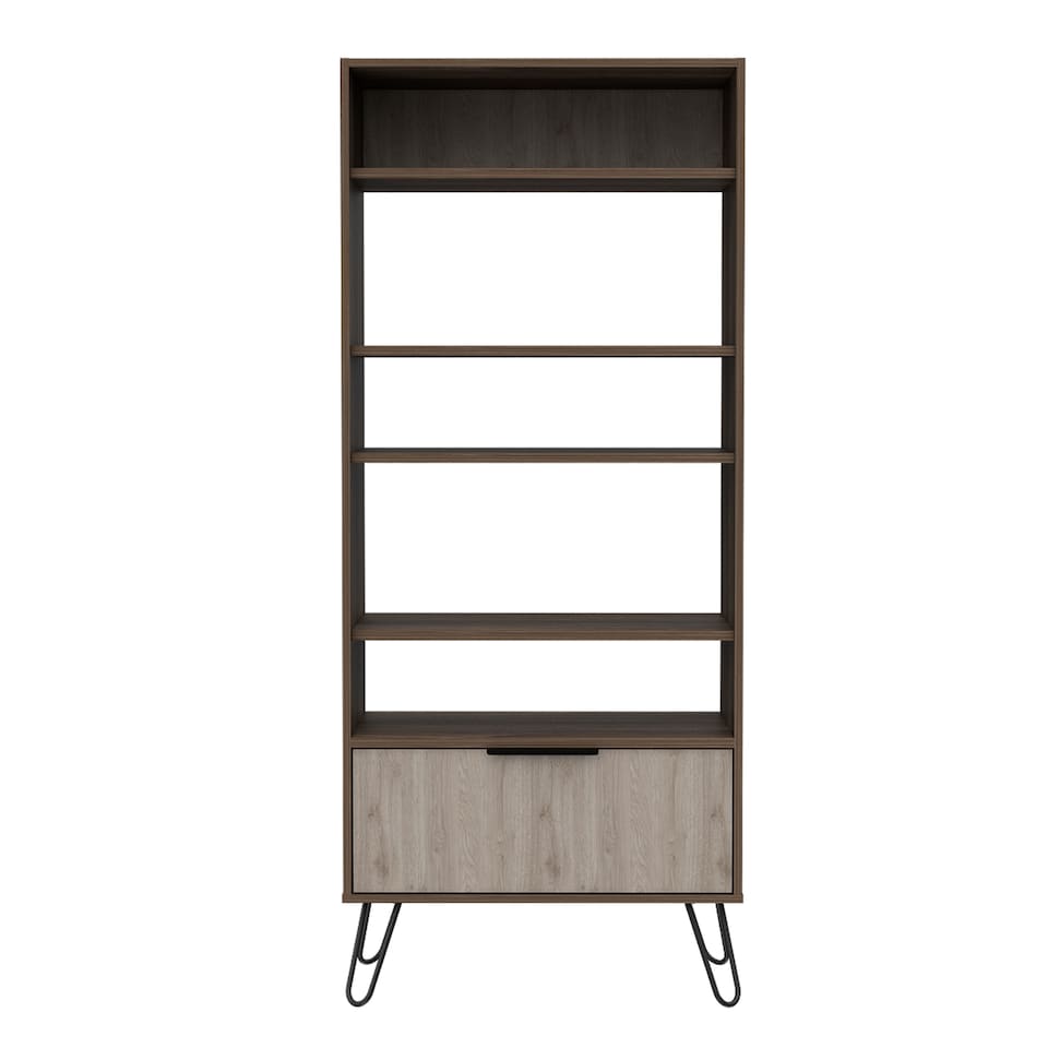 image 1 of Nevada Large Four Shelf Display Bookcase With Storage - Grey and Bleached Oak Effect with Industrial Metal Accents | Brown | Grey & Bleached Oak | One Size | 1