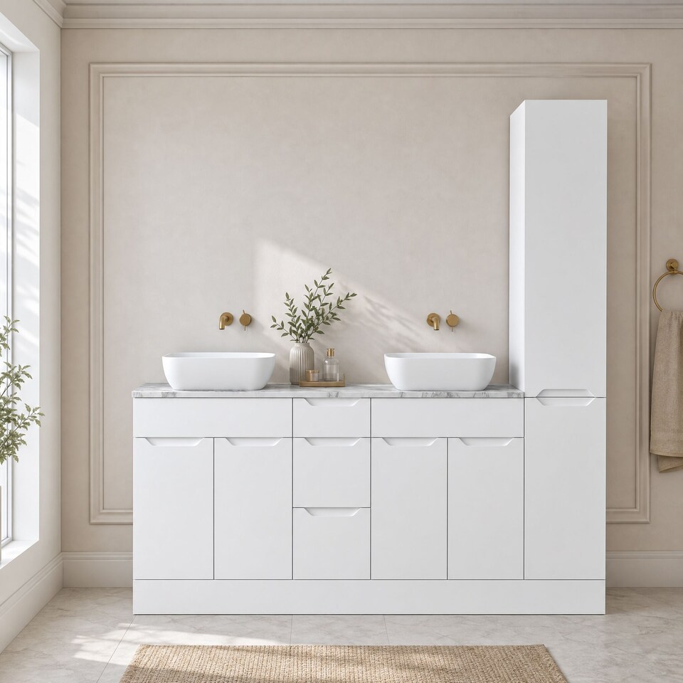 image 1 of Balterley Teddesley Floor Standing 4 Door 3 Drawer Vanity Combination Unit with Tall Unit, Laminate Worktop and Countertop Vessel, 1800mm, Matt White