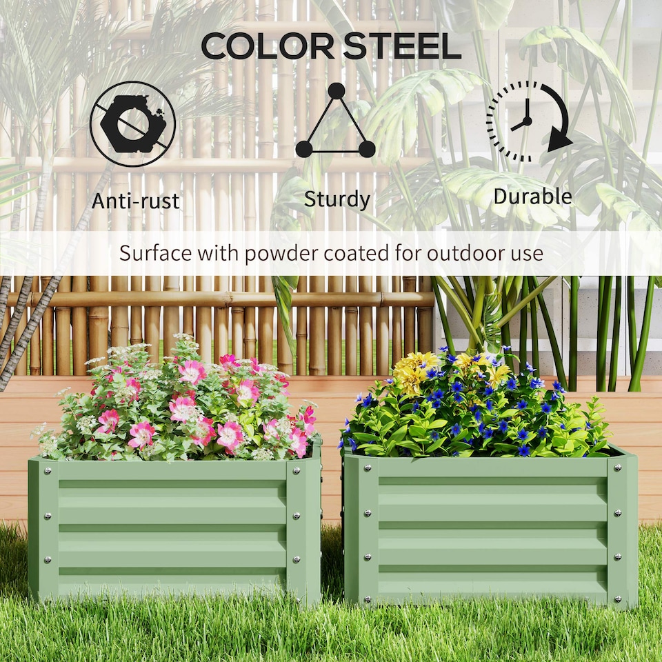 image 1 of Outsunny Set of 2 Raised Garden Bed Galvanised Planter Box, Light Green | Green