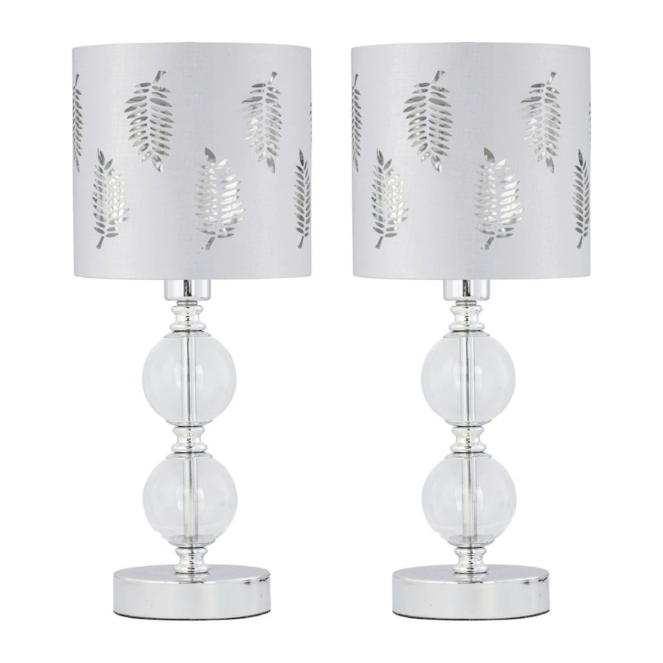 image 1 of Set of 2 Chrome Two Ball Table Lamps with White Fern Shades Chrome | White