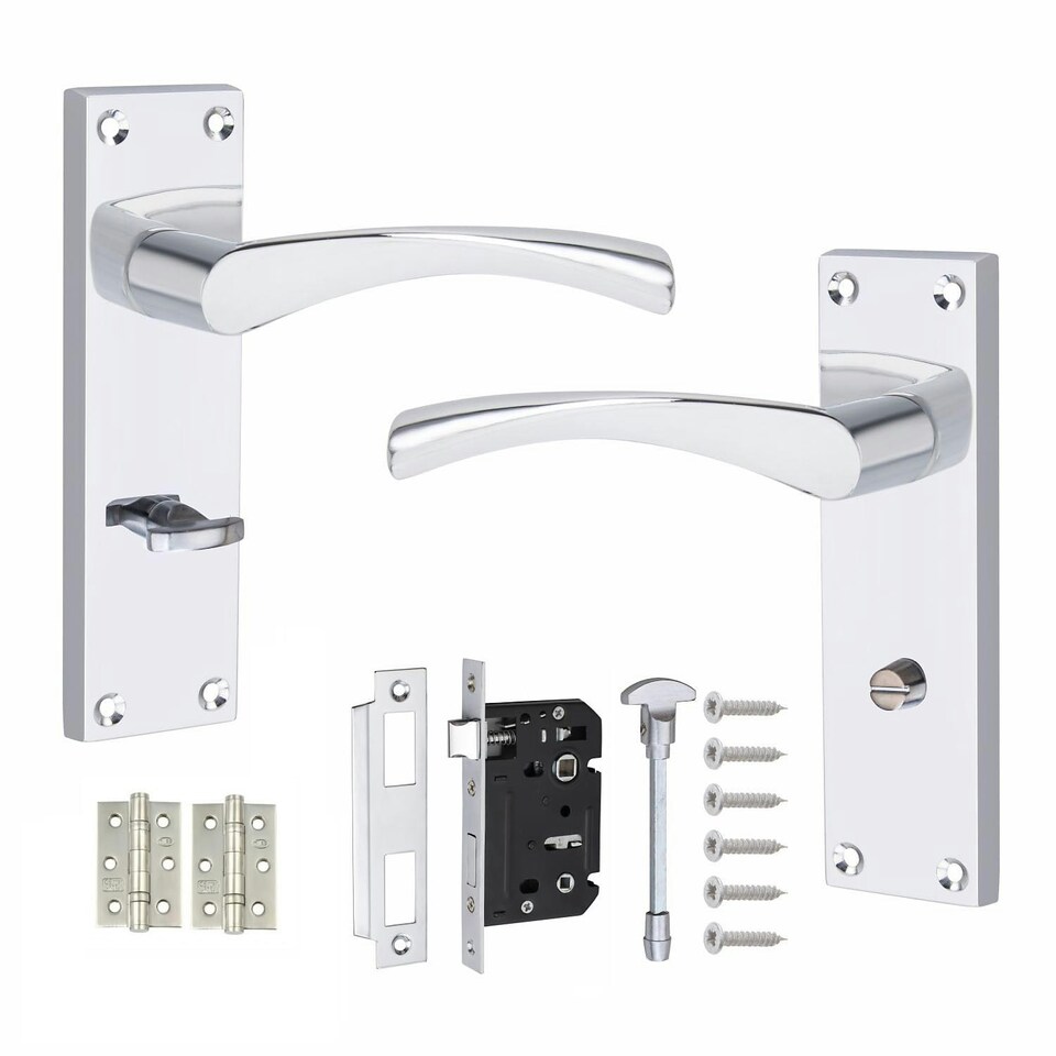 image 1 of Golden Grace Victorian Scroll Astrid Door Handles Bathroom WC Toilet in Polished Chrome with (GG) Bathroom Mortise Lock & 1 Pair of 3" Ball Bearing Hinges Chrome