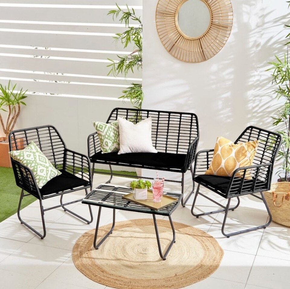 image 1 of Neo Black Garden Furniture Patio Wicker Bamboo Style Chair Table Outdoor Rattan Sofa Set 4 Piece | Black