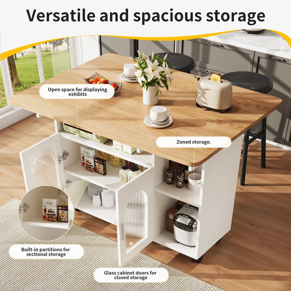 image 1 of VILUXE Kitchen island, kitchen cabinet, removable serving trolley, buffet cabinet, dining trolley with wood grain, buffet cabinet, multifunctional dining table with storage space, White