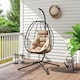 image 9 of Outsunny Hanging Egg Chair Outdoor Indoor Garden Swing Chair with Folding Basket, Thickened Cushion, Garden Hanging Chair with Stand, Headrest for Patio, Balcony, Khaki | Brown | Khaki