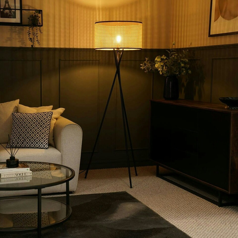 image 1 of ValueLights Camden Black Tripod Floor Lamp and Natural Cane Shade Cream