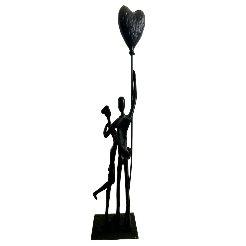 image 1 of Bound by Love Cast Iron Sculpture Couple Embracing Holding a Heart Baloon Shadow Art Metal Decor Lovers Valentine's Day Gift Anniversary Housewarming Present