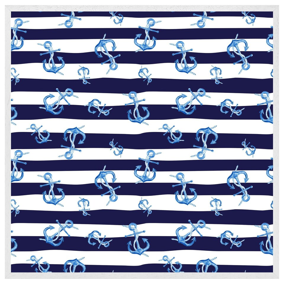 image 1 of Blue anchors on navy striped background (Picture Frame) White | S