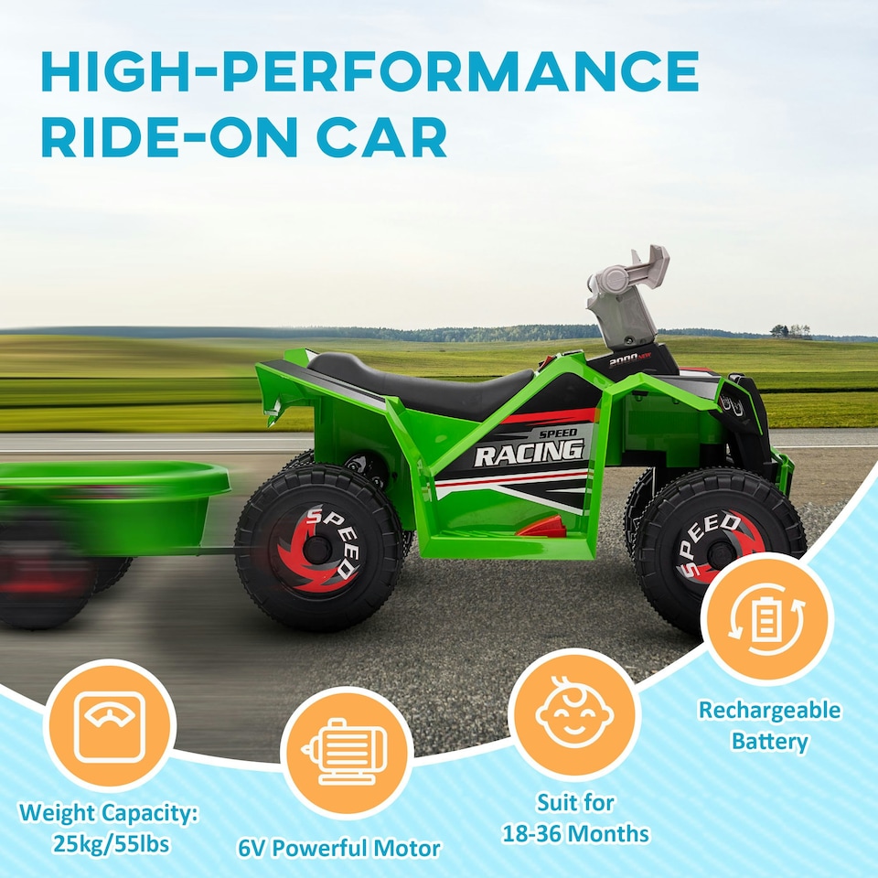 image 1 of HOMCOM Electric Quad Bike, 6V Kids Ride-On ATV with Back Trailer - Green