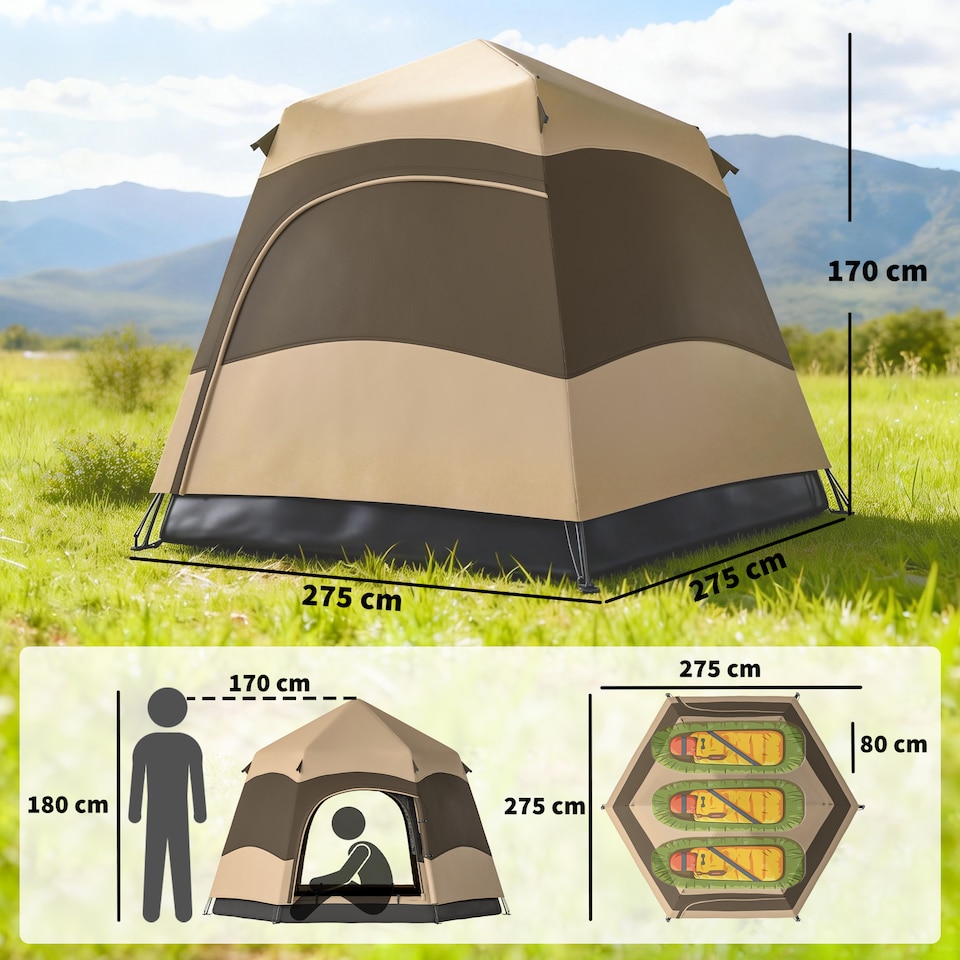 image 1 of Outsunny Double Layer Pop Up Tent with Rainfly, Portable Camping Shelter | Brown