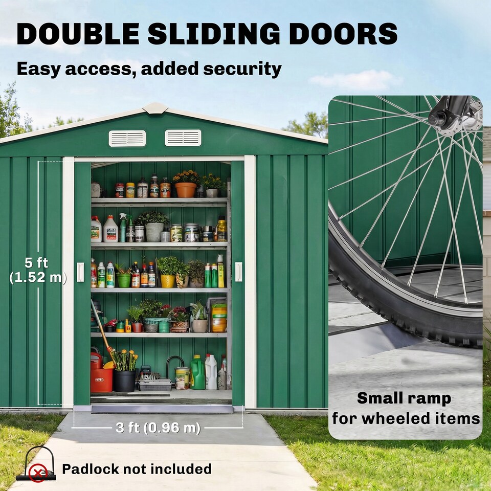 image 1 of Outsunny 9 x 6FT Galvanised Garden Storage Shed with Sliding Door, Green | Green