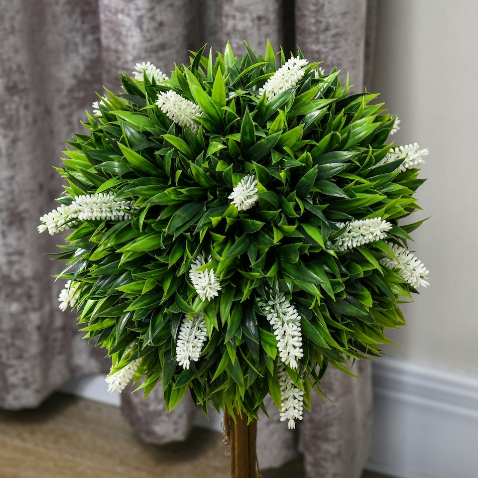 image 1 of HOMCOM Set of 2 Potted Artificial Plants Ball Tree with Flowers, Pink