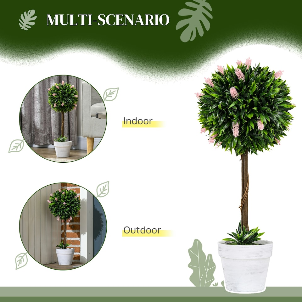 image 1 of HOMCOM Set of 2 Potted Artificial Plants Ball Tree with Flowers, Pink