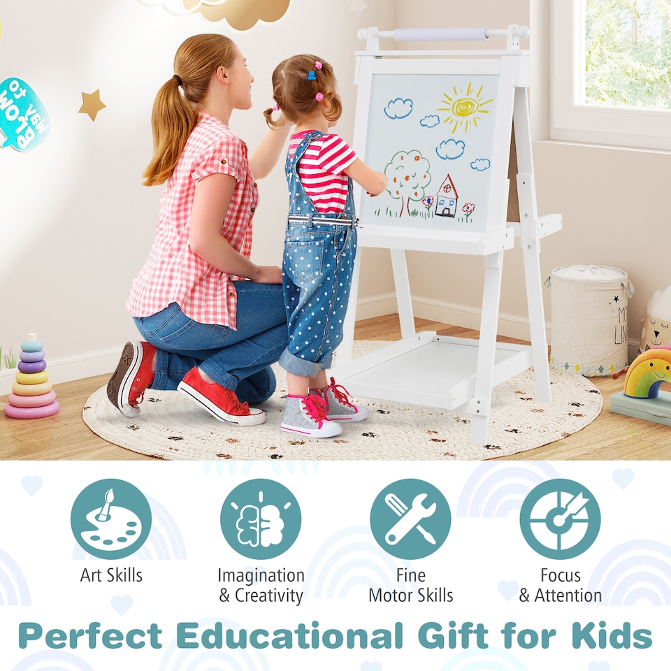 image 1 of COSTWAY Foldable Easel Kids 3-in-1 Double-sided Art Easel w/Chalkboard-White