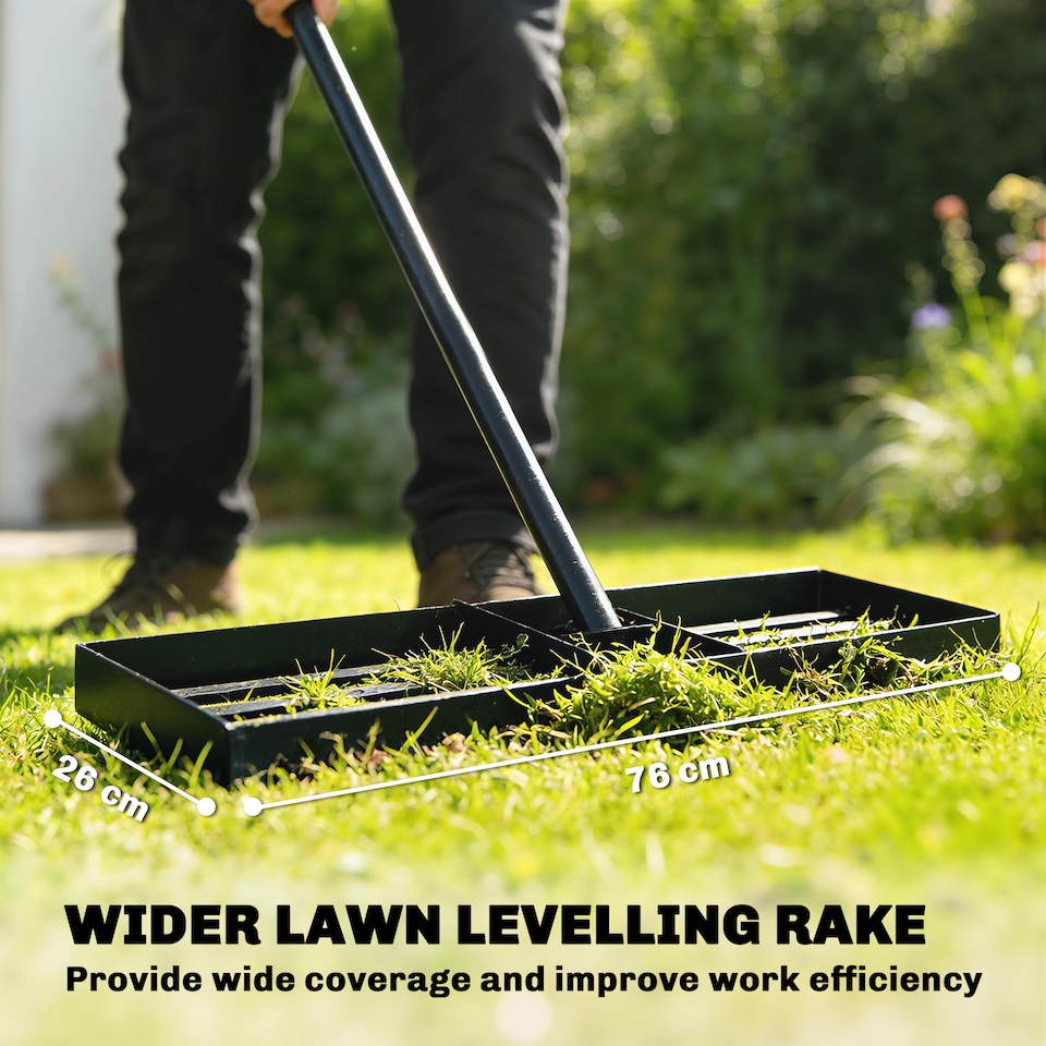 image 1 of Outsunny 76 x 26 cm Lawn Levelling Rake with 169 cm Handle | Green | Green | 76L x 26W x 177H cm