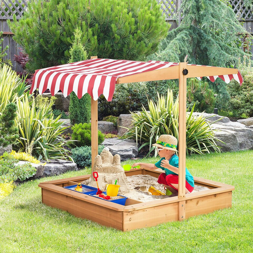 image 1 of Outsunny Kids Wooden Sandbox Sand Pit Height Adjustable with Canopy Basins