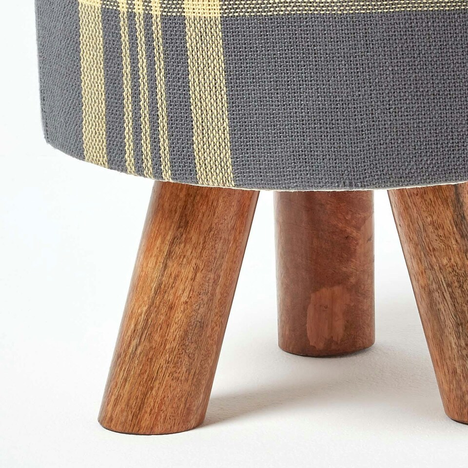 image 1 of Homescapes Grey and Yellow Tall Tartan Fabric Stool with Legs | Grey | 32 x 32 x 42 cm