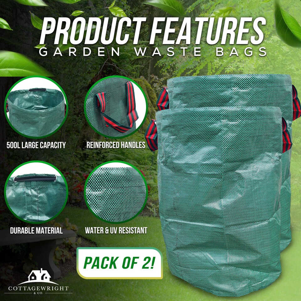 image 1 of Garden Bags Heavy Duty with Handles Reusable Garden Waste Bags for Plant, Grass, Dirt, Leaves Collection - Pack of 2