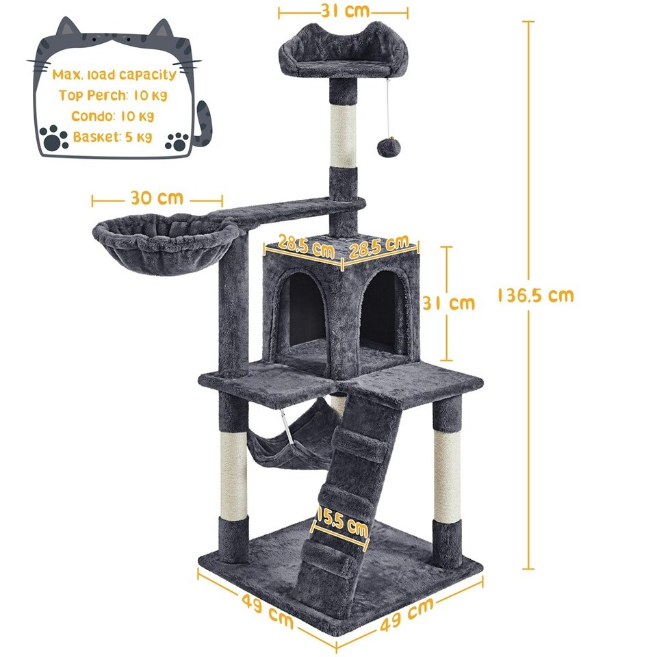 image 1 of Yaheetech 136.5 cm Tall Multilevel Cat Tree Condo Dark Grey