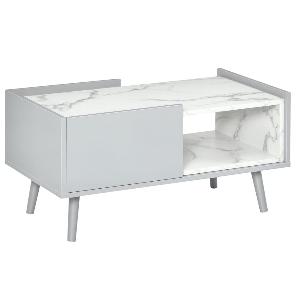 image 1 of HOMCOM Two-Tone Coffee Table Marble Effect w/ Storage Wood Legs Home Furniture Grey