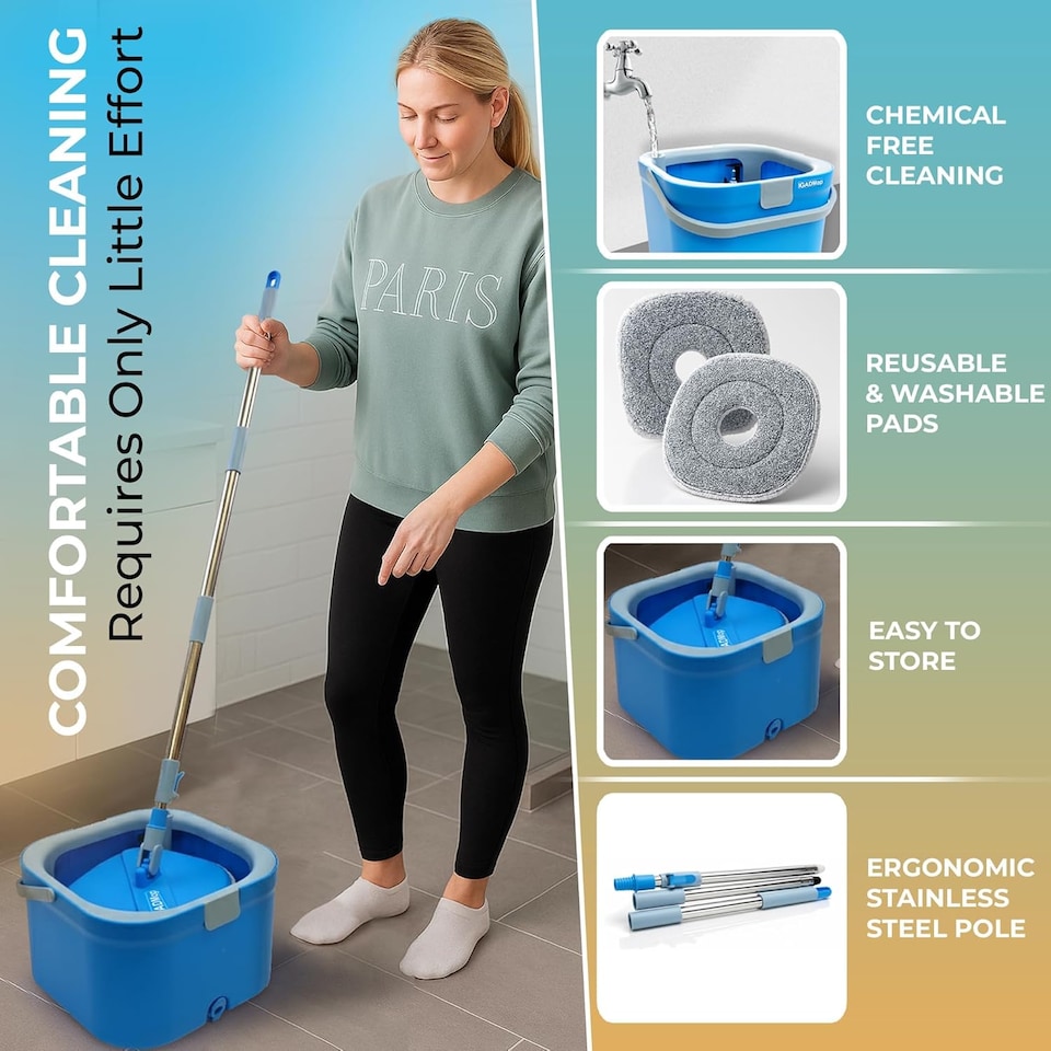 image 1 of IGADMop Professional Set with Bucket, 2 Chamber System for Separating Dirty and Clean Water, 130 cm Telescopic Handle, Microfibre Mop Pad