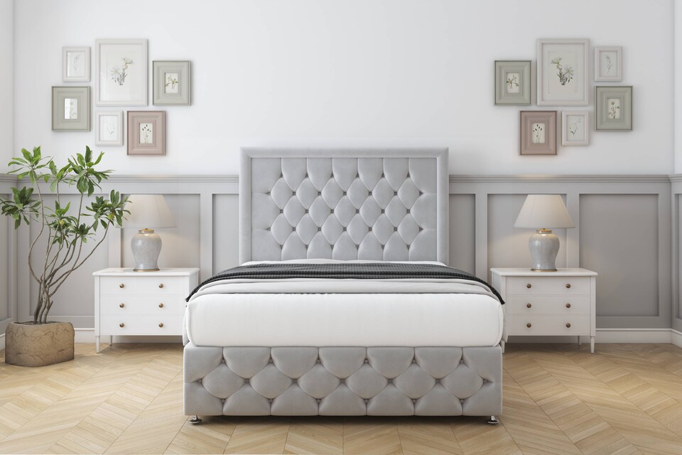 image 1 of Sloomy Vienna Silver Plush Divan Bed Base 2 Drawers Left Side With 54 Inch Floor Standing Headboard & 12 Inch Matching Footboard | Silver | Silver | Super King | 1