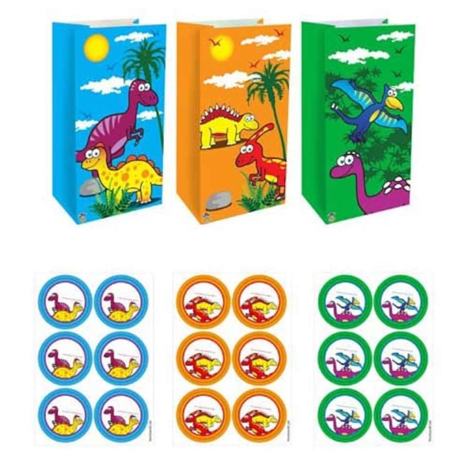 Assorted Dinosaur Paper Party Bags with Sealing Stickers - Pack of 12