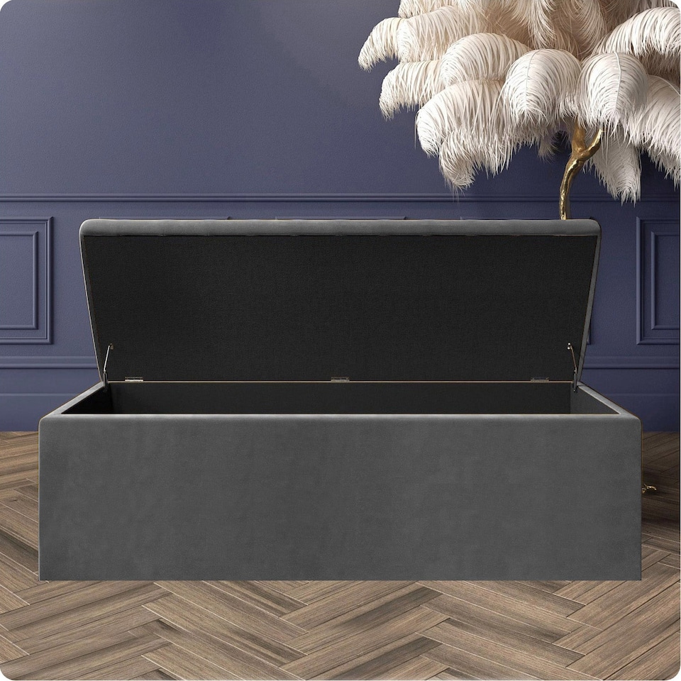 image 1 of 180cm Large Plain Safar Storage Ottoman Box, Steel Grey Plush Velvet Upholstered Deep Storage Ottoman End of Bed Bench
