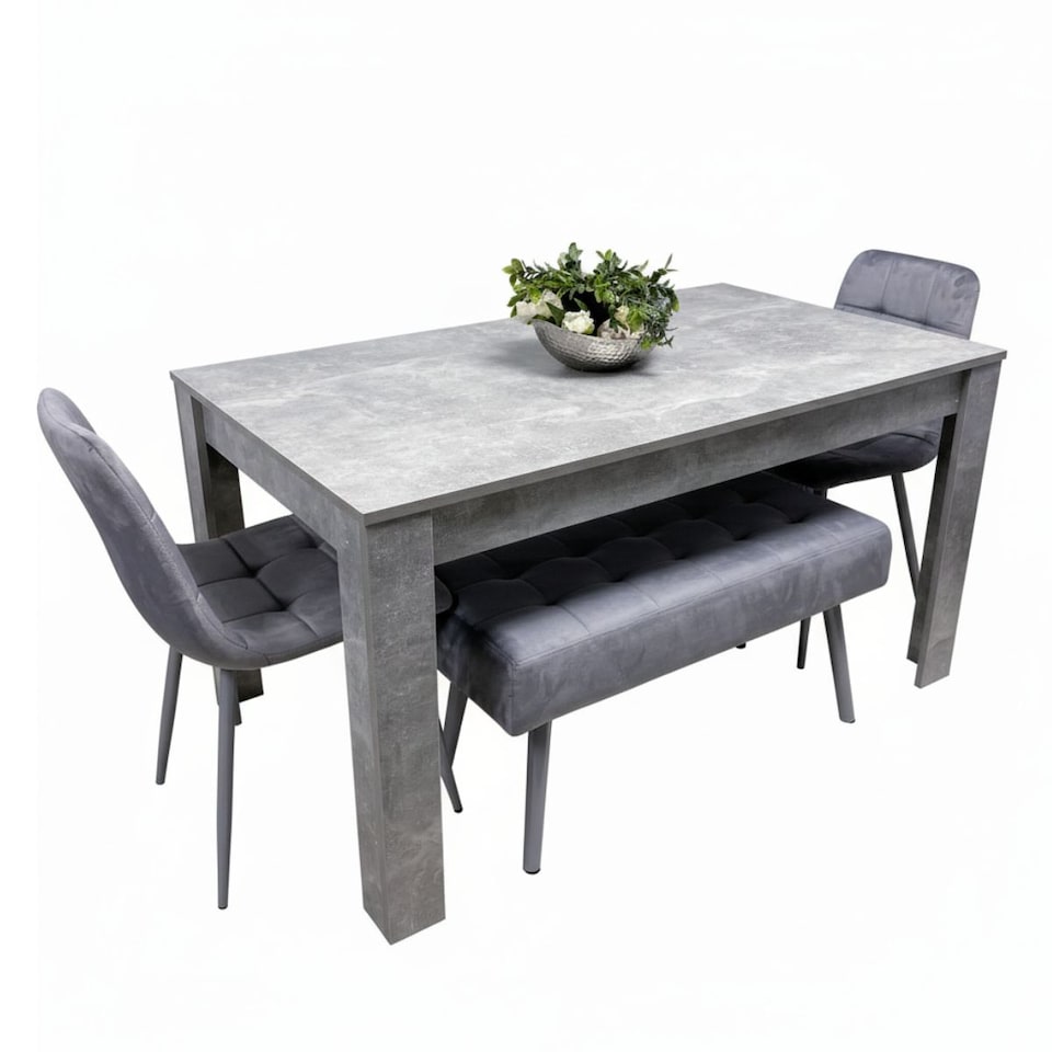 image 1 of Grey Wooden Dining Table Set with 2 Grey Chairs and 2 Benches - Dining Kitchen Room Furniture