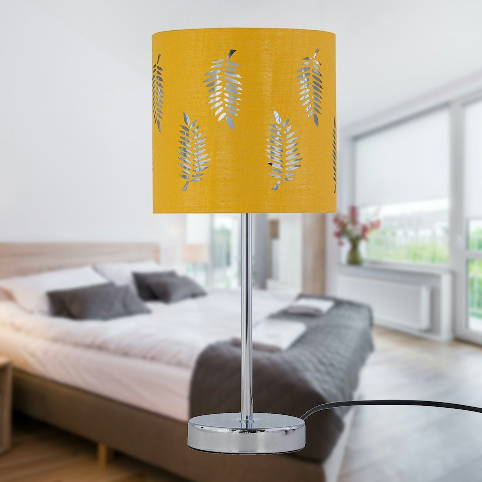image 1 of First Choice Lighting Set of 2 Chrome Touch Operated Table Lamps with Ochre Mustard Fern Shades Chrome | Yellow
