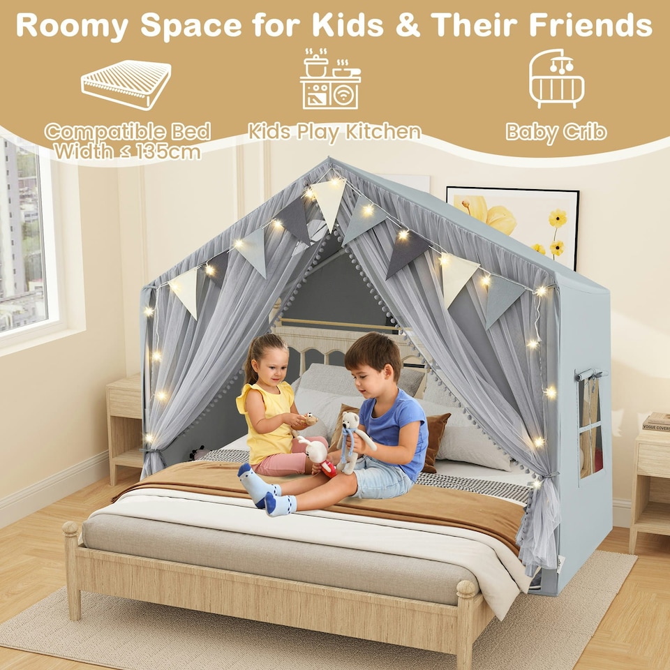 image 1 of COSTWAY Kids Play Tent 3-4 Kids Large Play Tent House Grey Grey