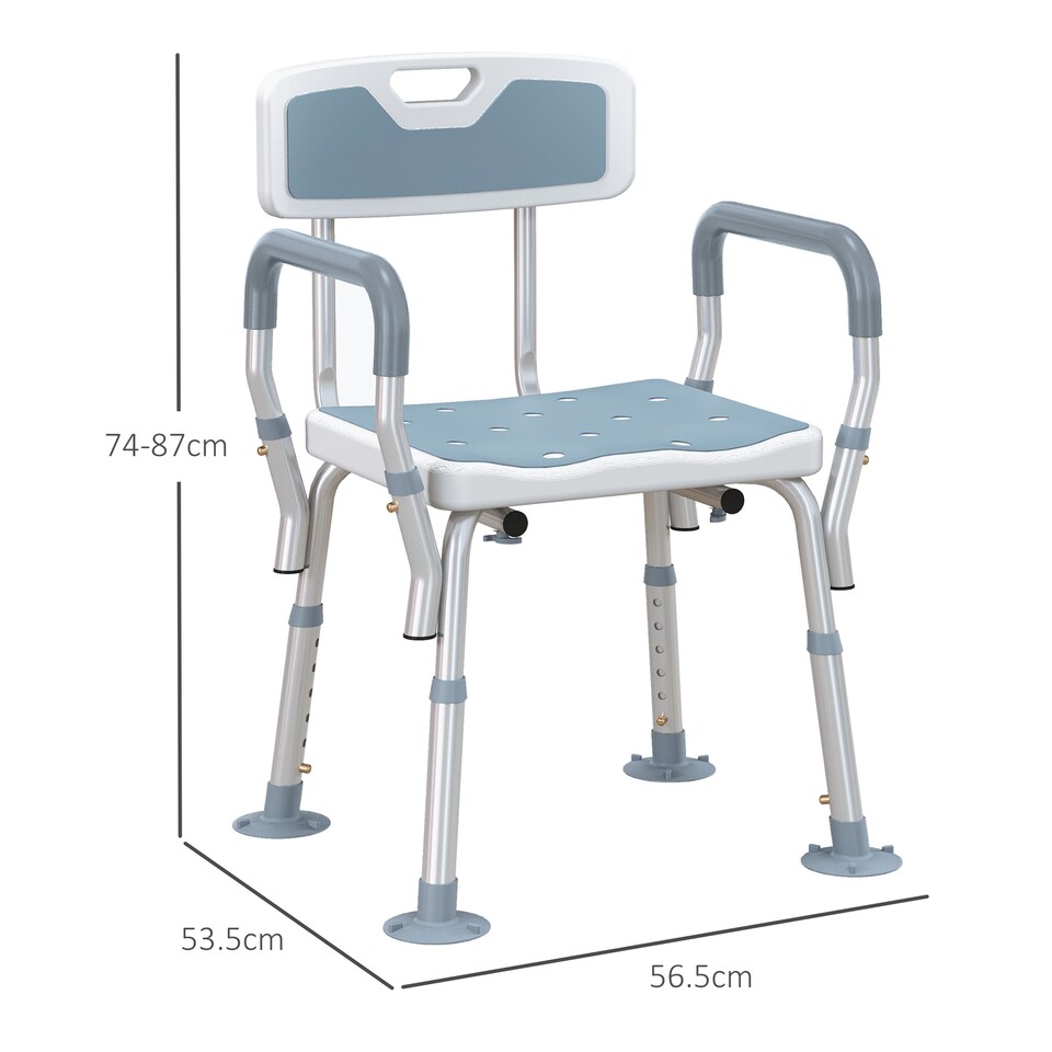 image 1 of HOMCOM EVA Padded Shower Chair for the Elderly and Disabled, Height Adjustable Shower Stool with Back and Arms, 4 Suction Foot Pads, Light Blue