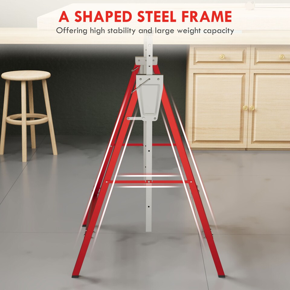 image 1 of HOMCOM Set Of 2 Steel Saw Horses Telescopic Builders Work Bench Folding Red