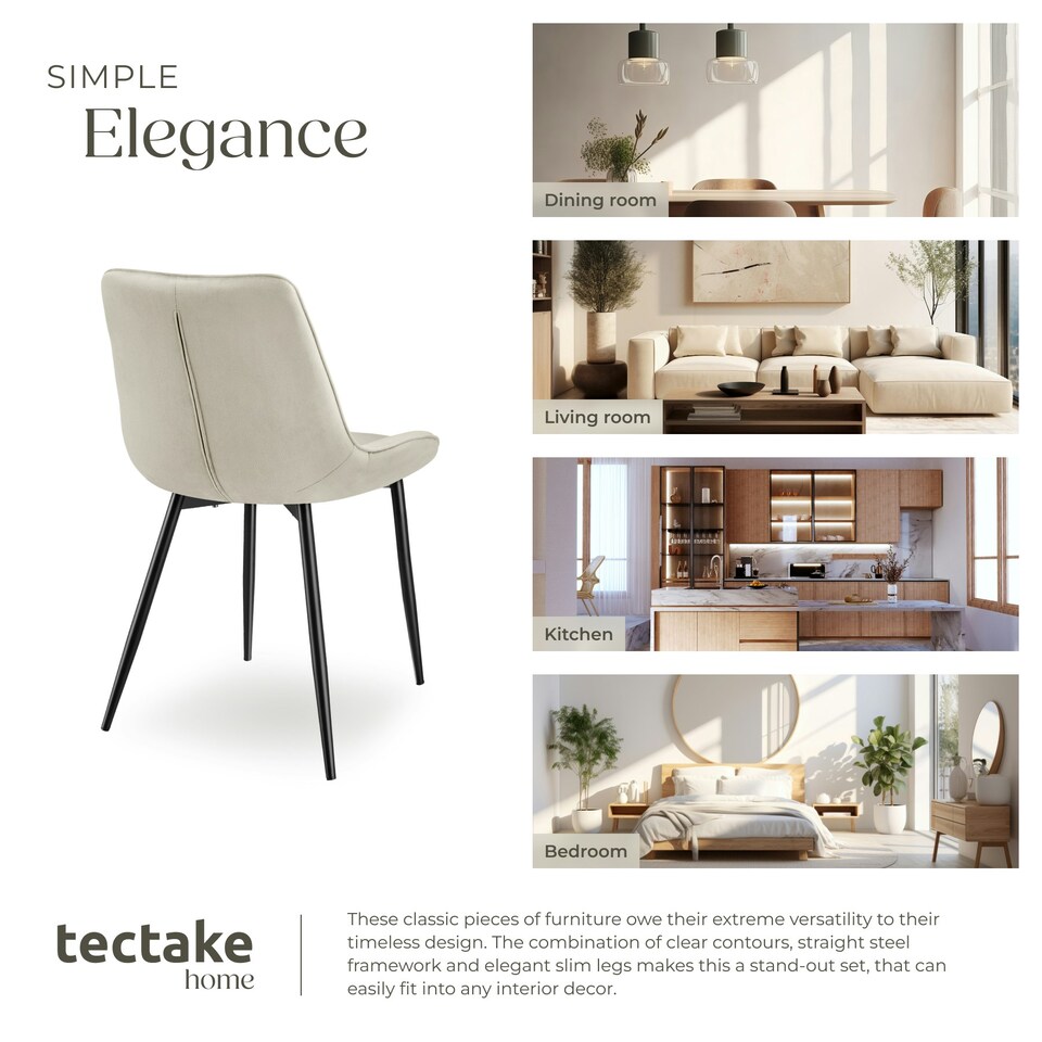 image 1 of Dining Chair Monroe - padded, velvet look, ergonomic seat, black steel legs - Set of 4 Cream